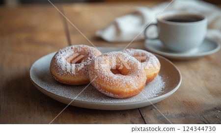 Sugar Donuts on Plate with Cup of Coffee 124344730