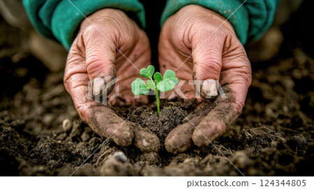 Close-up of rough, dirty hands gently holding soil around a small green seedling growing in the ground, symbolizing care, growth, and sustainability. 124344805