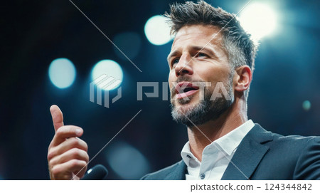 Portrait of a confident man in a suit speaking passionately on stage with a microphone under bright lights in a large auditorium or conference setting. 124344842