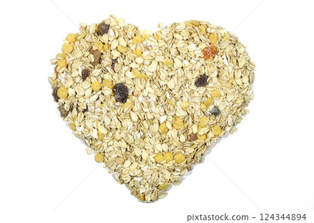 Oatmeal heart isolated on a white background, with place for an inscription. Bunting heart symbol. Oatmeal heart isolated on a white background, with place for an inscription. Bunting heart symbol. 124344894