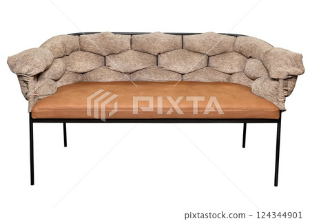 Unique modern sofa design with plush cushions perfect for cozy living spaces. Isolated on white background. 124344901