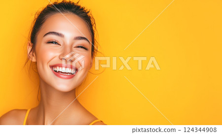 Portrait of a joyful young woman with glowing skin and bright smile, wearing a yellow top against a vivid yellow background with copy space on the right. 124344908