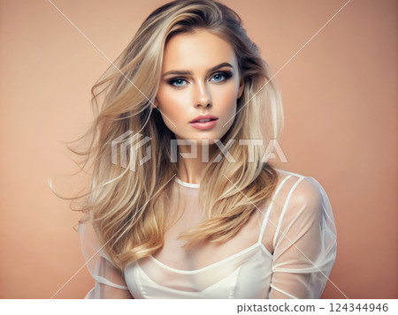 beautiful blond woman with curly hair. girl with Hair style beautiful blond woman with curly hair. girl with Hair style 124344946