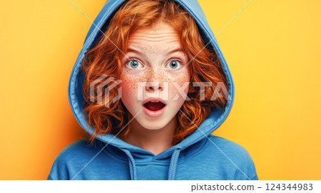 Surprised red-haired girl in blue hoodie with freckles against yellow background, expressive close-up portrait. 124344983