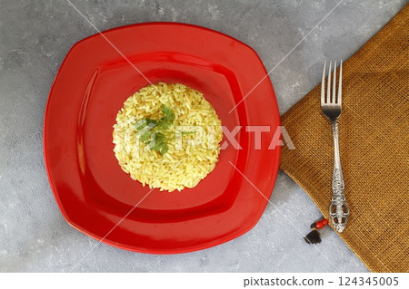 Traditional Turkish Rice Pilav / Plain Pilaf Portion Served. Organic Food. 124345005