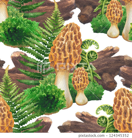 Seamless pattern of watercolor Yellow Morrel mushroom surrounded with a log, moss and fern leaves 124345352