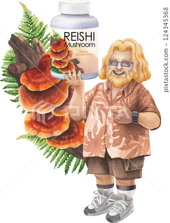 Watercolor man in a Hawaiian shirt holds a bottle of Reishi supplements, smiling and giving a thumbs-up 124345368