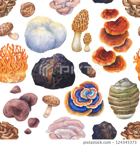 Watercolor seamless pattern of a various medicinal mushrooms 124345373