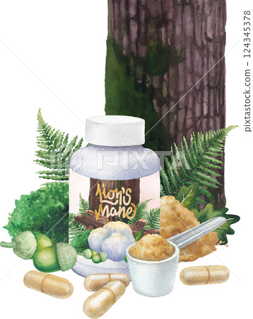 Realistic watercolor bottles of a Lion's Mane supplement with forest decorations Realistic watercolor bottles of a Lion's Mane supplement with forest decorations 124345378