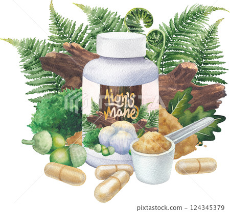 Realistic watercolor bottles of a Lion's Mane supplement with forest decorations 124345379
