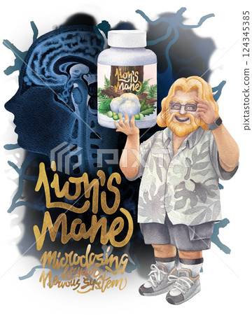 Watercolor man with bottle of Lion's Mane mushroom supplements and a human brains and nervous system behind. 124345385
