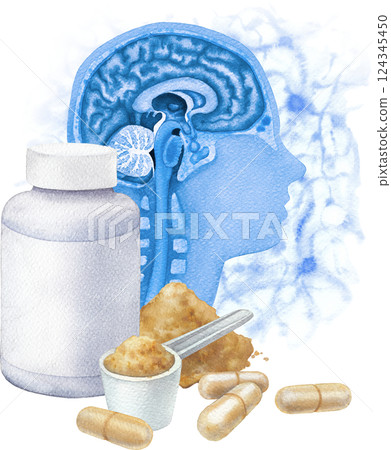 Watercolor plastic supplement bottle with pills, powder and a human brains with nervous system behind 124345450