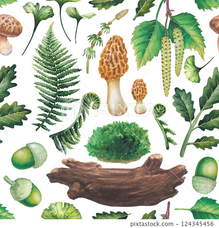 Seamless pattern of various watercolor forest plants Seamless pattern of various watercolor forest plants 124345456