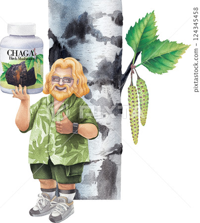 Watercolor man in a Hawaiian shirt holds a bottle of Chaga mushroom supplements, smiling and giving a thumbs-up. 124345458