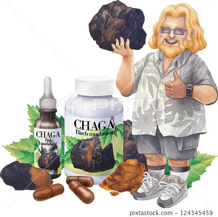 Watercolor man in a Hawaiian shirt holds a Chaga mushroom, giving a thumbs-up with a supplement bottles nearby. 124345459