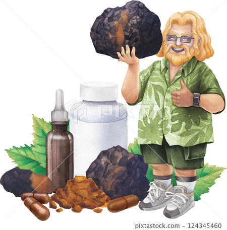 Watercolor man in a Hawaiian shirt holds a Chaga mushroom, giving a thumbs-up with a supplement bottles nearby. Watercolor man in a Hawaiian shirt holds a Chaga mushroom, giving a thumbs-up with a supplement bottles nearby. 124345460