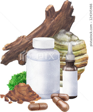 Watercolor supplement bottles with a blank labels decorated with an Agaricon mushroom on a log, pills and powder 124345466