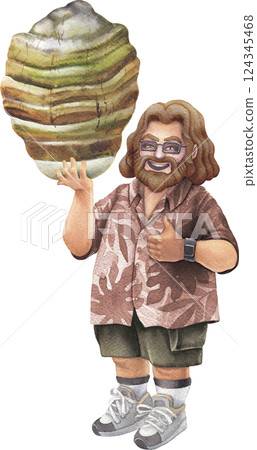 Watercolor art of a cheerful bearded man in a Hawaiian shirt holding an Agarikon mushroom Watercolor art of a cheerful bearded man in a Hawaiian shirt holding an Agarikon mushroom 124345468