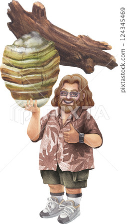 Watercolor art of a cheerful bearded man in a Hawaiian shirt holding an Agarikon mushroom 124345469
