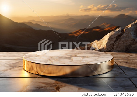 Round golden podium on the background of mountains. 3d rendering. Generative AI 124345550