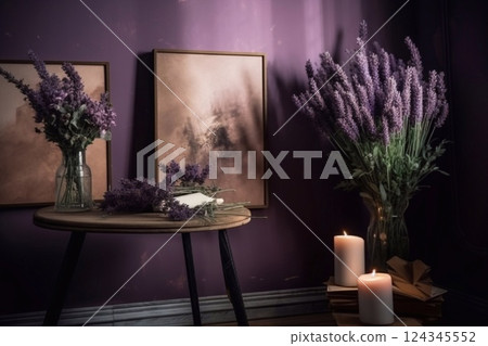 Lavender Harmony: bouquet in a vase, candles on the floor, lavender on the table, and abstract paintings on the wall in the interior. Generative AI 124345552