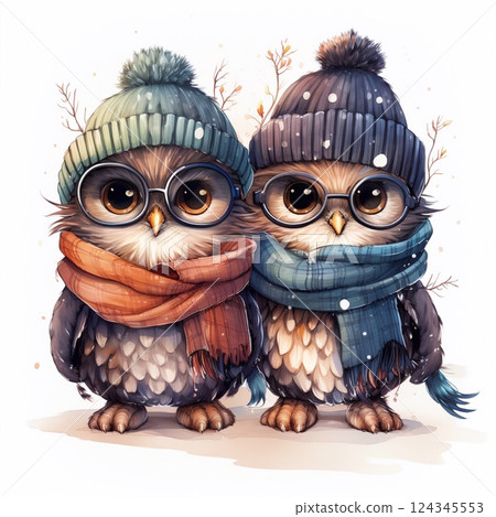 Cute owlets in knitted hats and scarves with glasses, a winter atmosphere. Generative AI 124345553