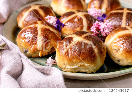 Traditional Easter hot cross buns pastry 124345617