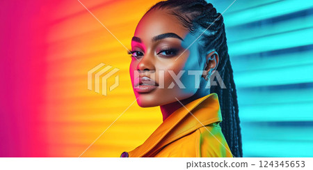 Woman in a yellow leather jacket posing against a vibrant neon background with pink, orange, and blue lighting, creating a bold and modern portrait with a confident expression. 124345653