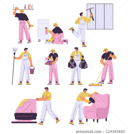 Cleaning with Man and Woman Do Cleanup Vector Set 124345683