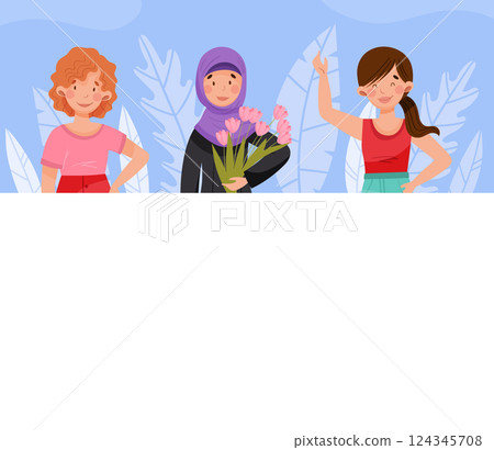 Young Woman Banner Design with Flora Vector Template 124345708