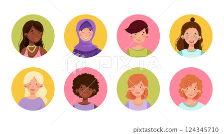Young Woman Head and Portrait Avatar Vector Set 124345710