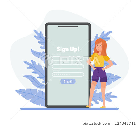 Young Woman at Smartphone App Screen as Online Registration and Sign Up Vector Illustration 124345711