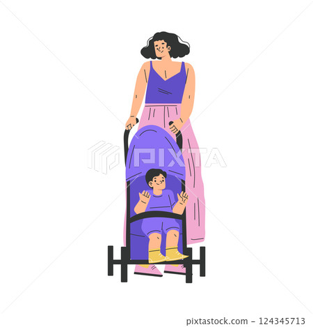 Young Woman Parent Walking with Baby Carriage Vector Illustration Young Woman Parent Walking with Baby Carriage Vector Illustration 124345713