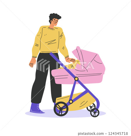 Young Man Parent Walking with Baby Carriage Vector Illustration 124345718