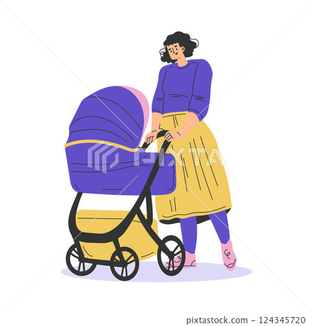 Young Woman Parent Walking with Baby Carriage Vector Illustration 124345720