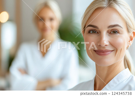 A smiling blonde woman in a white uniform looking confidently at the camera, with another professional woman blurred in the background in a bright and modern setting. 124345738