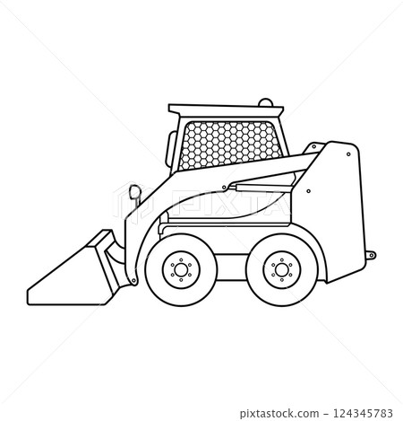 Skid Steer Loader Outline Vector Illustration. A black and white vector illustration of a skid steer loader, a compact construction vehicle with a front bucket. 124345783