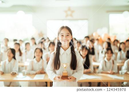 Elementary school students and their friends smile at the awards ceremony Elementary school students and their friends smile at the awards ceremony 124345978