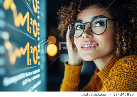 Confident woman with curly hair wearing glasses and a mustard sweater, looking thoughtfully at glowing financial data and graphs on a screen in a dark, modern setting. 124345980
