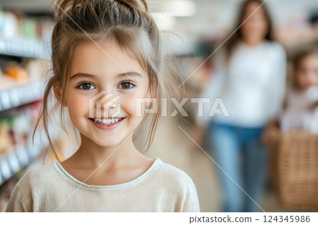 Smiling young girl with brown eyes and hair in a bun, wearing a beige sweater, standing in a bright supermarket aisle with blurred shoppers and shelves in the background. Smiling young girl with brown eyes and hair in a bun, wearing a beige sweater, standing in a bright supermarket aisle with blurred shoppers and shelves in the background. 124345986