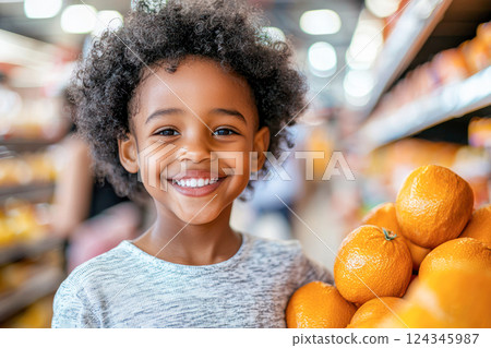 Smiling child with curly hair wearing a light shirt, standing next to a pile of fresh oranges in a bright supermarket aisle with blurred shelves and shoppers in the background. Smiling child with curly hair wearing a light shirt, standing next to a pile of fresh oranges in a bright supermarket aisle with blurred shelves and shoppers in the background. 124345987