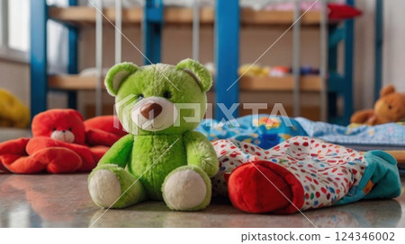 close up of child toy in empty children's room of orphanage. Concept of loneliness, adoption of children 124346002