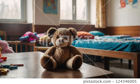 close up of child toy in empty children's room of orphanage. Concept of loneliness, adoption of children 124346005