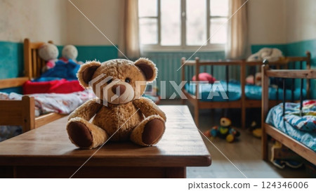 close up of child toy in empty children's room of orphanage. Concept of loneliness, adoption of children close up of child toy in empty children's room of orphanage. Concept of loneliness, adoption of children 124346006