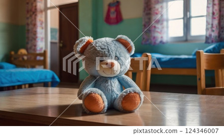 close up of child toy in empty children's room of orphanage. Concept of loneliness, adoption of children close up of child toy in empty children's room of orphanage. Concept of loneliness, adoption of children 124346007