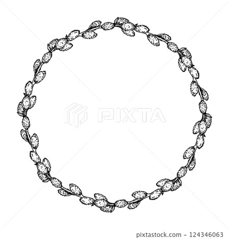 Hand drawn vector wreath made of pussy willow branches. Monochrome botanical illustration for spring designs, Easter decorations, greeting cards, invitations or floral themed compositions. Hand drawn vector wreath made of pussy willow branches. Monochrome botanical illustration for spring designs, Easter decorations, greeting cards, invitations or floral themed compositions. 124346063