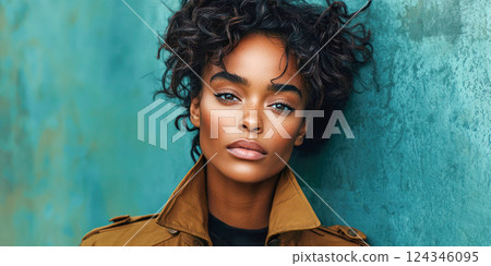 A close-up portrait of a confident woman with natural curls, freckles, and a serious expression, set against a textured teal background. A close-up portrait of a confident woman with natural curls, freckles, and a serious expression, set against a textured teal background. 124346095