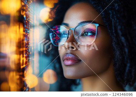 Close-up of an African American woman wearing glasses reflecting colorful digital data on a futuristic screen. Close-up of an African American woman wearing glasses reflecting colorful digital data on a futuristic screen. 124346096