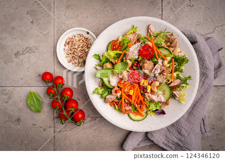 Salad with chicken meat. 124346120