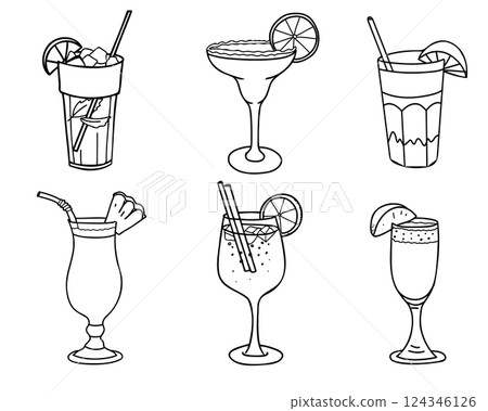 Summer Cocktails set. Aperol Spritz, Mojito, Margarita, Bellini, Pina Colada and Tequila Sunrise. Hand drawn Vector illustration of alcohol drink with fruits and ice in Doodle style. For cocktail bar 124346126